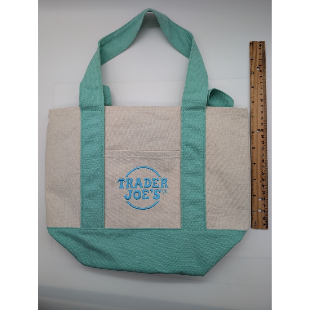 Trader Joes Limited Edition Mini Canvas Tote Bag Teal Blue Cream Shopping Purse